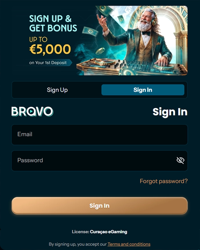 Bravo sign-in page with password recovery link