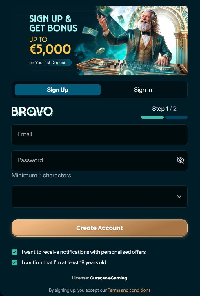Bravo sign-up form, step 1: email, password