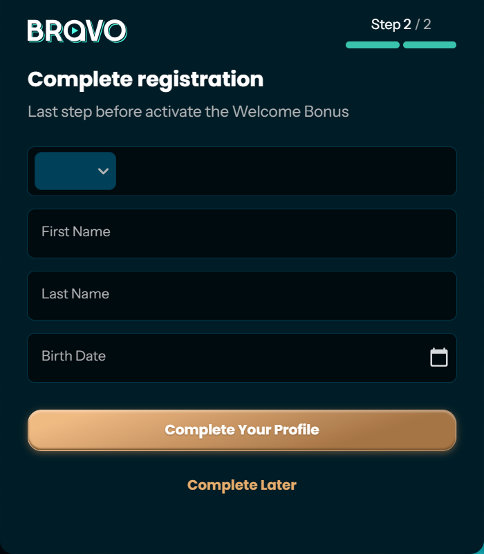 Registration step 2: name, surname, birth date