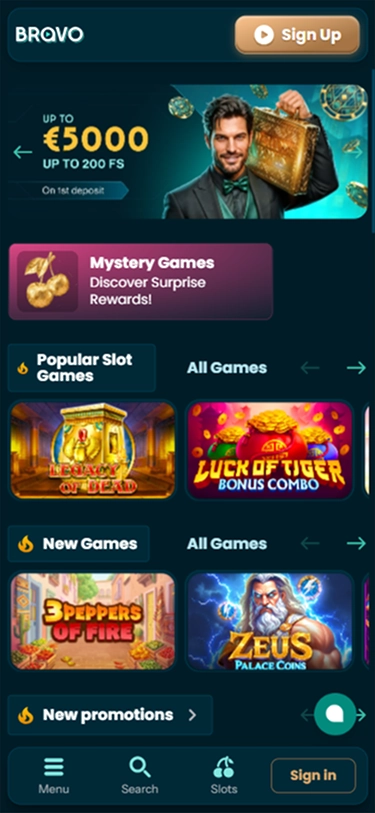 Bravo home page: €5000 bonus, popular games