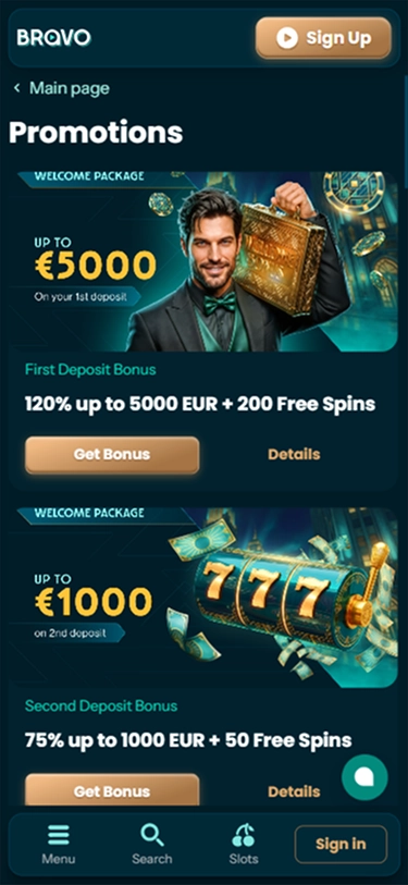 Promotions page: first and second deposit bonuses
