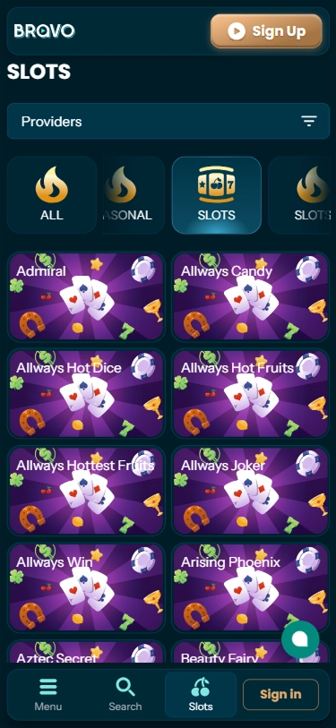 Bravo slots catalogue with provider filter