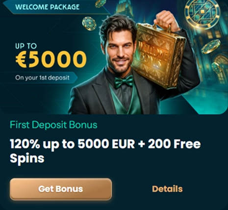 120% bonus up to €5000 plus 200 spins