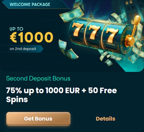 75% bonus up to 1000 EUR, second deposit