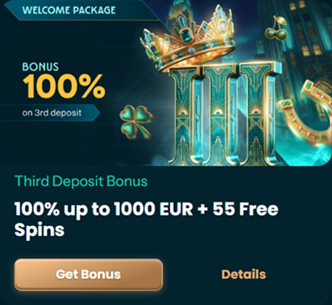 100% bonus up to 1000 EUR, third deposit